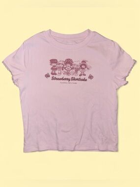 Strawberry Shortcake 🍓 Baby Tee Y2K Pink Graphic Lace Trim Top - Size S